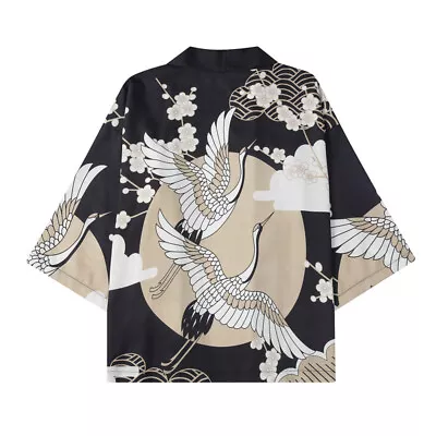 Men Retro Japanese Style Yukata Crane Pattern Kimono Cardigan Jacket Ukiyoe Chic • £19.79