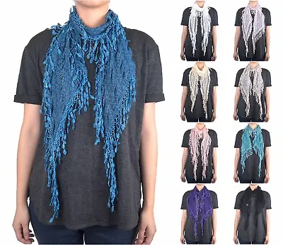 Lace Scarf Long Melon Seed Fringe Tassel Sheer Tear Drop Floral Embroidery • $7.89