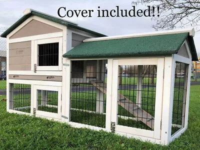 Grey Rabbit Hutch Guinea Pig Hutches Run 2 Tier Double Decker Cage Cover Incl • £149.96