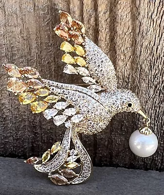 Yellow Pink Hummingbird Crystal Glass Rhinestone Brooch Pin Vintage Bird Clear • $22.60