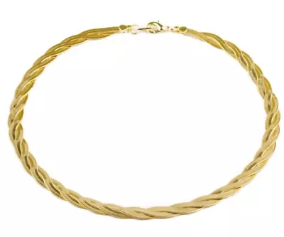 Raided Multi Chain Choker Necklace Flat Gold Tone Double Row Braided Chain • £14.95