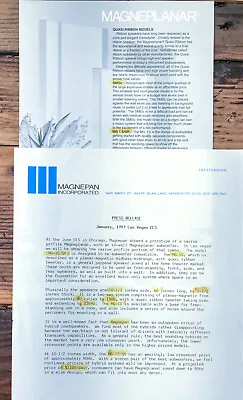 Magnepan Magneplanar Speaker CES 1993 Docs *Orig* • $14.97