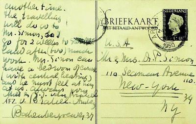 $10.31 • Buy NEDERLAND 1950 POST WWII 6c REPLY POSTAL CARD FROM ARNHEM TO NY USA