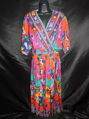 Vintage Together M 10 NWT Midi Dress Orange Purple Blue Floral Deep V Shift 80s • $24.99