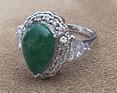 Vintage Designer Signed 925 Sterling Silver CZ Teardrop Green JADITE Size 6 Ring • $27.95