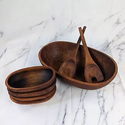 Wooden Salad Bowl 70s MCM Place Setting For 4 Walnut Oval Dark Wood Vintage • $46