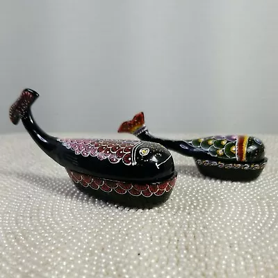 2 Sm. Black Lacquer Hand Painted Whale Shaped Trinket Boxes 3 & 1/2  & 3 & 1/4  • $29