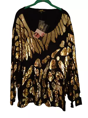 Joan Boyce Blingy Black Tunic Top With Gold Sequins Nwt • $99.99