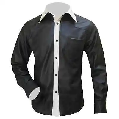Men's Black And White Pure Soft Lambskin Leather Biker Leather Shirt MLJ-541 • $127.94
