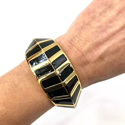 Vince Camuto Bangle Bracelet Cuff Gold Tone Black Enamel Retro Inspired • $25.92