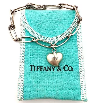 Tiffany & Co Sterling Silver Elsa Peretti Heart Charm Link Chain Bracelet-A2764 • $149.99