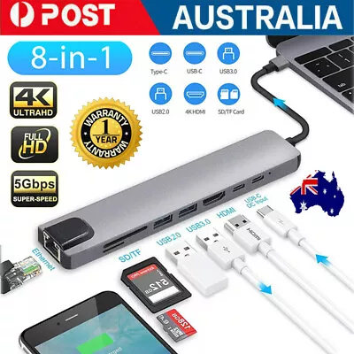 $6.29 • Buy 8in1 Hub USB-C To Type-C USB 3.0 4K HDMI RJ45 Ethernet SD TF OTG PD Port Adapter