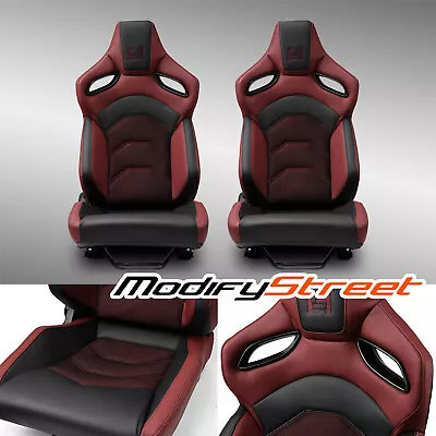 Reclinable PVC Racing Seats Pair Universal Car Seat Black-Red Full Set W/Sliders • $402.98