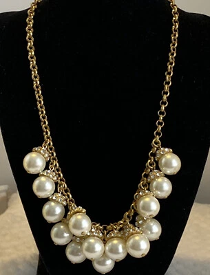 $20 • Buy J Crew Vintage  Goldtone Cream Faux Pearl Rhinestone Statement Necklace