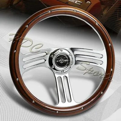 W-Power 350MM 14  Dark Wood Grip 6-Hole Chrome 3-Spoke Vintage Steering Wheel • $108.99