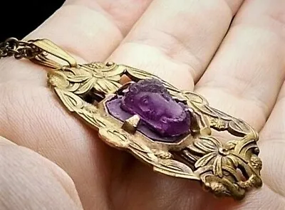 1910 Amethyst Glass Cameo Head Full Curls Jewelry In Floral Brass Necklace OOAK • $119.90