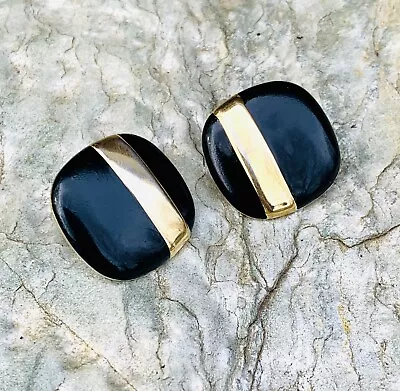 Retro Monet Black Enamel/Gold Tone Square Abstract Pierced Earrings • $2.99