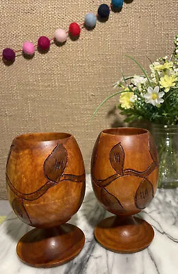 Vtg Carved Turned Wood Goblets Cup Set Wooden Stemmed Primitive Tiki Hawaiian • $27.41