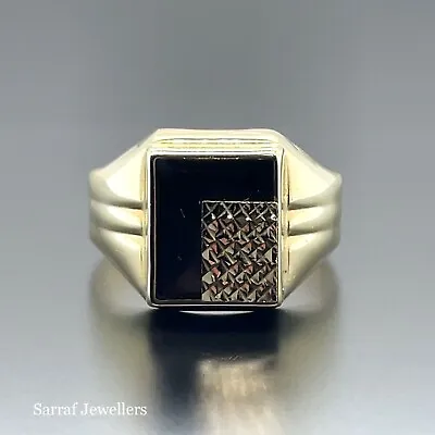 14K Yellow Gold Men Ring ONYX Stone Rectangle Shape Wave Zigzag Pattern ALL SIZE • £449.90