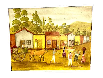 Vintage Folk Art Oil Painting Mexican Village Market Signed; R Torres M 16 X20  • $125