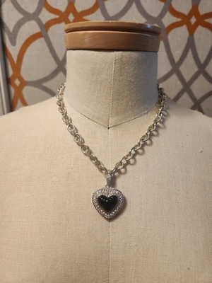 $85 • Buy Judith Ripka 925 Sterling Silver Ribbed Onyx Heart W/ CZ Enhancer Pendant