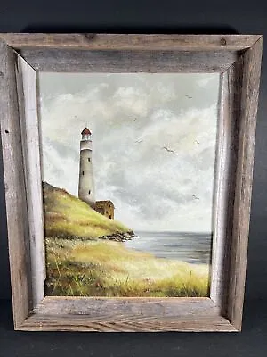 Vintage Rustic Pine Frame Oil Painting Lighthouse • $32