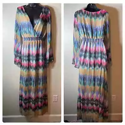 Honey Punch Multicolor Abstract Print Long Sleeve Plunge Maxi Dress Size M • $60