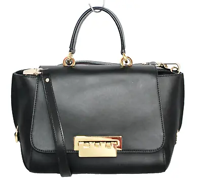 ZAC POSEN Eartha Top Handle Shoulder Bag Smooth Black Leather Foldover Clasp • $80