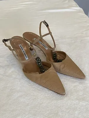 Manolo Blahnik Kitten Heel Bronze Chain Detail Low Heel Shoe 39 European Canvas • $69.99