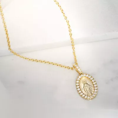 Miraculous Medal 18k Gold Over Silver Virgin Mother Mary Pendent Necklace Cz Set • $29.99