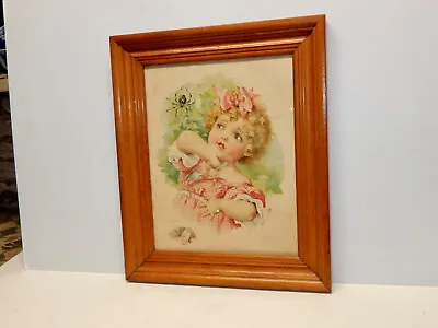 Antique Primitive Pine Framed Maud Humphrey Print Little Miss Muffett • $29.99