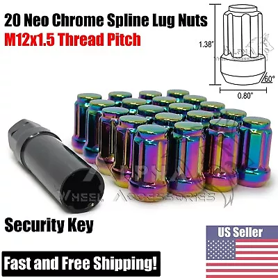 20 Neo Chrome Tuner Racing Lug Nuts For Aftermarket Wheels 12x1.5 + 6 Spline Key • $23.95