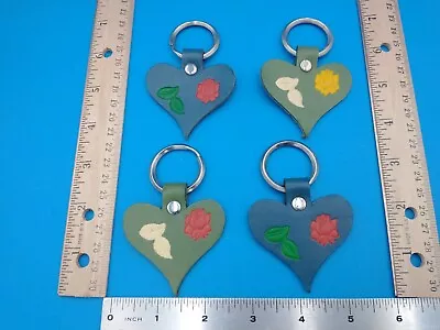 Lot Of 4 Vintage 1970's Era Handmade Leather Keychains 'Hearts W/Flowers' #Z661 • $20