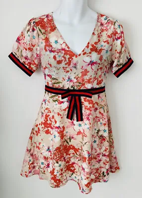 Mini Dress Kawaii Chinese Cheongsam Like A Line Sz 12 Summer Floral Ribbon • £10.99