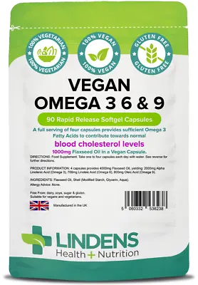 Lindens Vegan Omega 3 6 & 9 1000mg 90 Capsules Specially Formulated For Vegans • $27.17