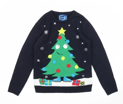Blue Zoo Boys Blue Round Neck Geometric Acrylic Pullover Jumper Size 11-12 Years • £3.50