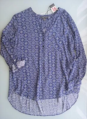 Size 16 UK Blue Tile Print Loose Lightweight Nehru Collar Shirt • £17