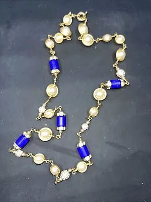 Vintage J.Crew Rhinestone Necklace Crystal Ball Faux Pearl Blue Bead Gold Signed • $6