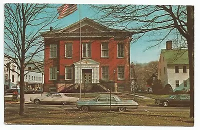 New Milford Connecticut Town Hall Postcard With Vintage Cars & American Flag • $6