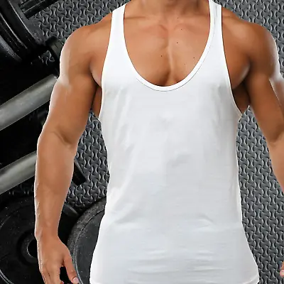 Mens Gym Vest Plain Stringer Bodybuilding Muscle Training Top Fitness Vest • £8.99