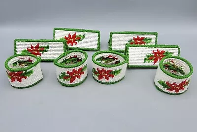 Vintage Plastic Canvas Christmas 4 Place Card Holders 4 Napkin Rings Poinsettia  • $16.38