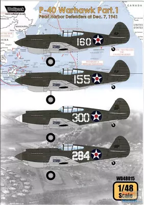 WPDDEC48015 1:48 Wolfpack Decal - P-40 Warhawk Part 1: Pearl Harbor Defenders • $21.49