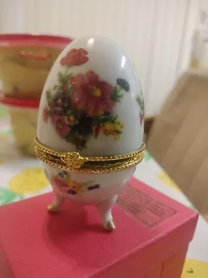 Porcelain Egg Shape Jewelry Trinket Box Floral Design W/Gold Trim Lid (NIB) • $5