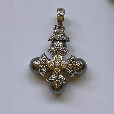 Judith Ripka Cross Shaped Silver Pearl & Cubic Zirconia Sterling Silver Pendant • $65