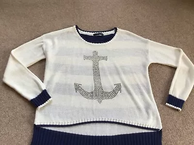 Navy Cream Anchor Nautical Sailing Jumper. Size 12 • £14.90