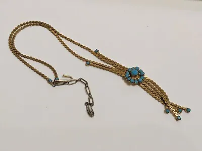 £6.99 • Buy Vintage Gold Tone Chain Necklace Chic Flat Snake Link Turquoise Rhinestone Hook 