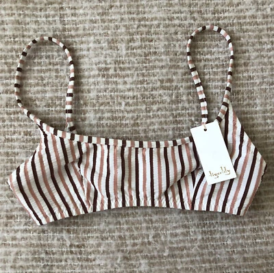 $24 • Buy Tigerlily “Tami” Scoop Bra Striped Bikini Top Tan Beige Seersucker AU 6