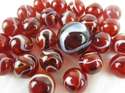 25 Glass Marbles ROOSTER Red/White Translucent/Transparent Shooter Swirl Game • $9.95