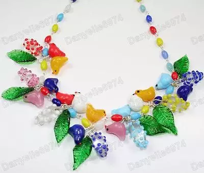 BIRDS&LEAVES Blossom MULTI Murano GLASS BEAD NECKLACE Vintage BLUERED Bird&leaf • £44.99