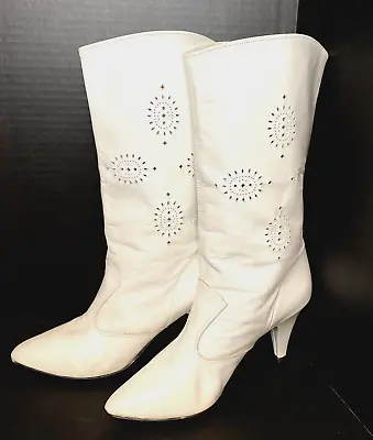 VTG Polly Of California Leather Boots Sz 5 Heel Cut Out Design GO GO Disco Style • $39.98